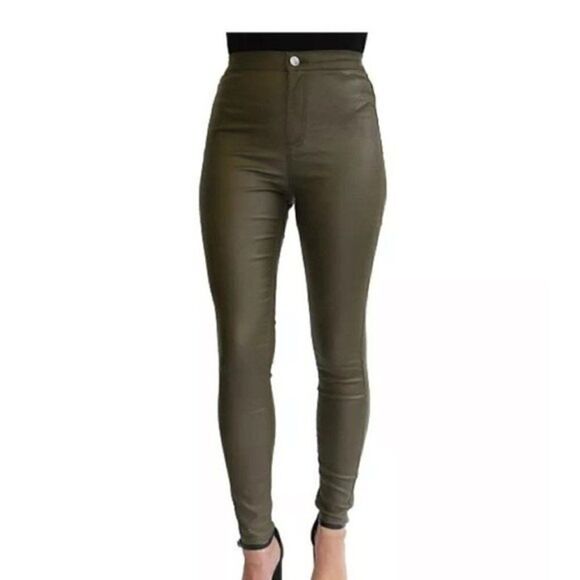 Almost Famous High Rise Skinny Leg Junior's Coated Finish olive Jeans size 3 NWT - Picture 2 of 7